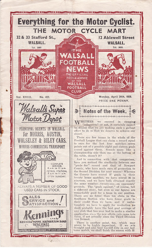 <b>Monday, April 24, 1939</b><br />vs. Walsall (Away)
